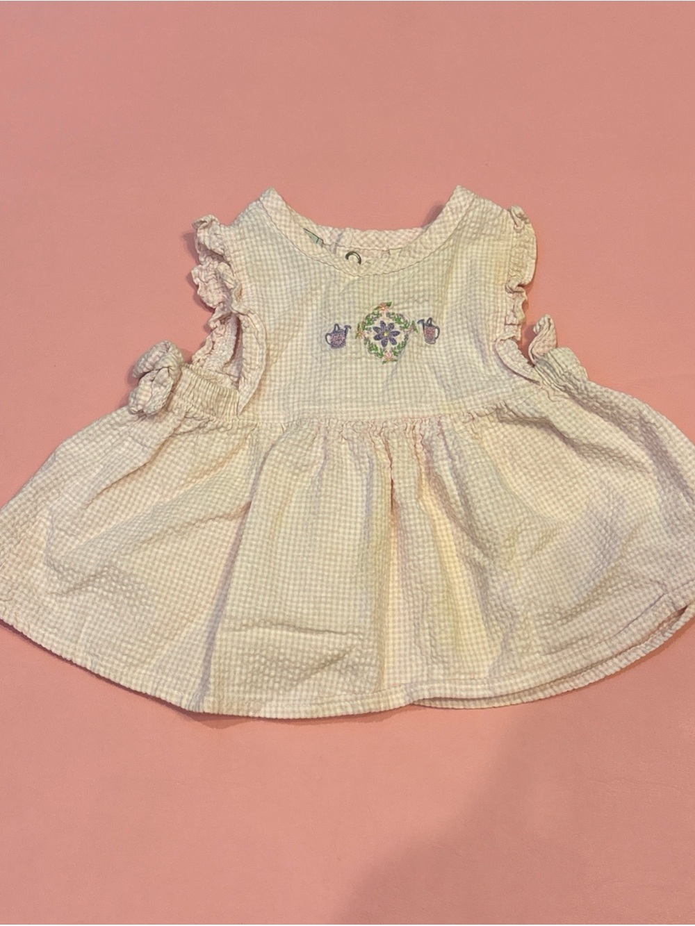 Basic Editions Cream Seersucker Floral Embroidered Baby Dress